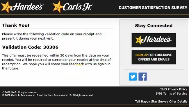 Carl's Jr validation code image