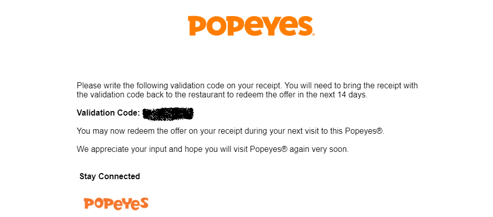 Tell Popeyes validation code image